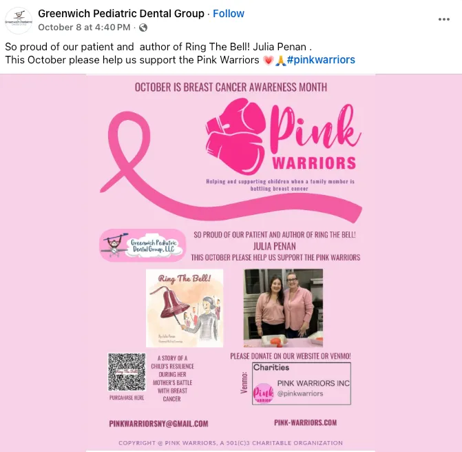 Greenwich Pediatric Dental Group's Pink Warriors awareness post