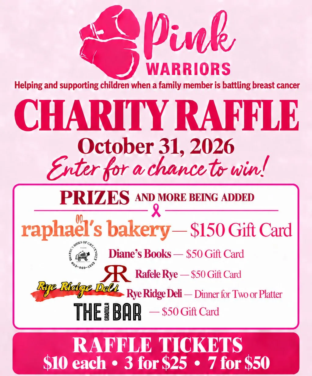 Pink Warriors Charity Raffle flyer: October 31, 2026, the prizes listed above, and raffle tickets at $10 each, 3 for $25 or 7 for $50.