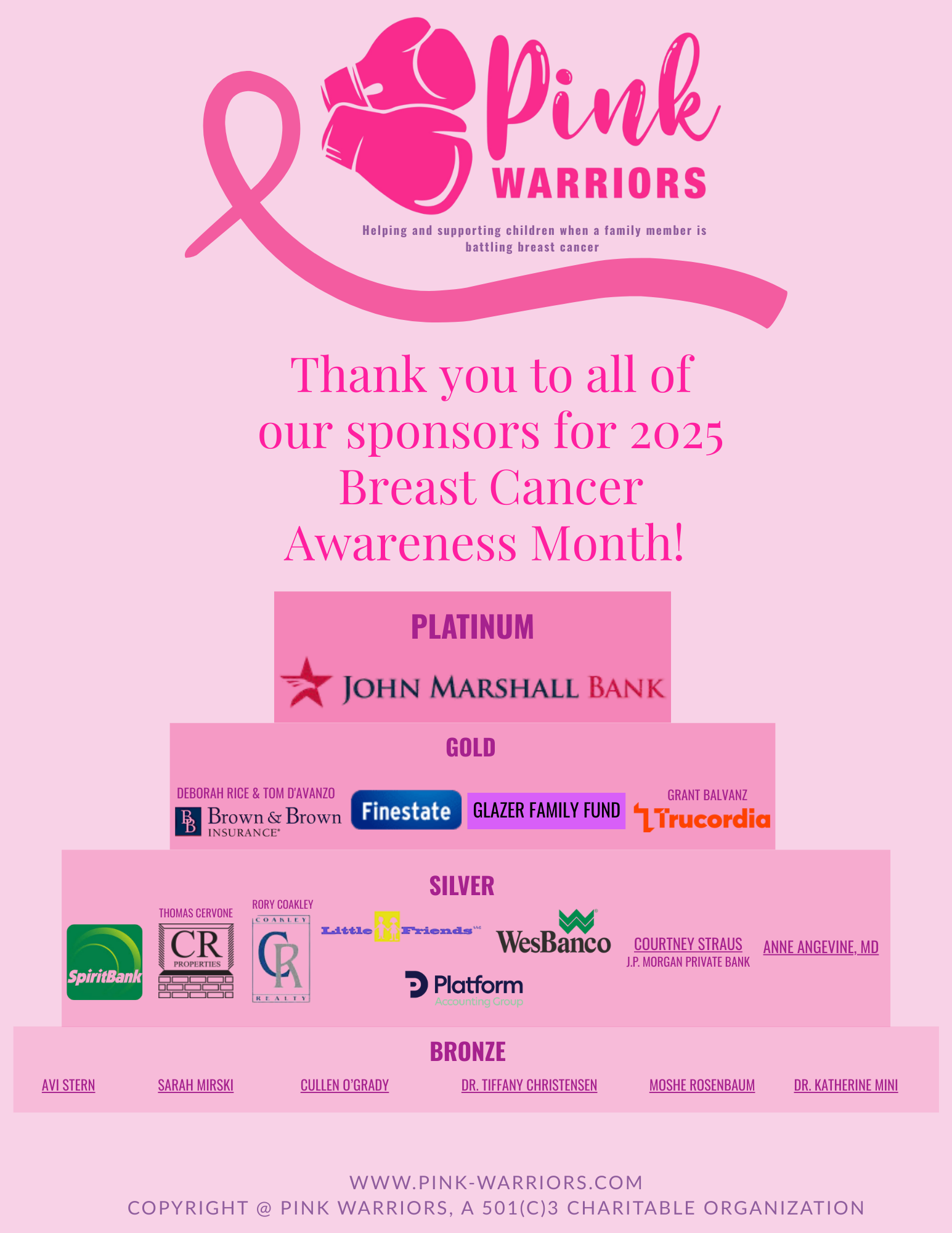 Pink Warriors 2025 Breast Cancer Awareness Month sponsors – Platinum: John Marshall Bank, Gold: Brown & Brown Insurance, Finestate, Glazer Family Fund, Trucordia, Silver & Bronze level sponsors