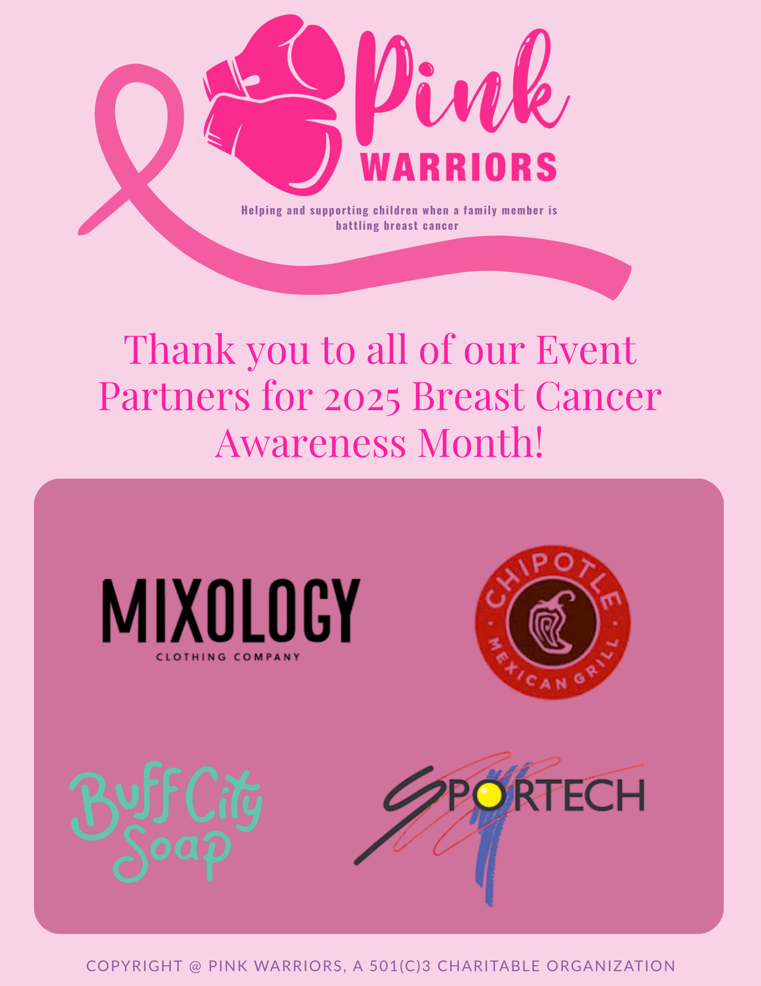 Pink Warriors 2025 event partners – Mixology Clothing Company, Chipotle, Buff City Soap, Sportech