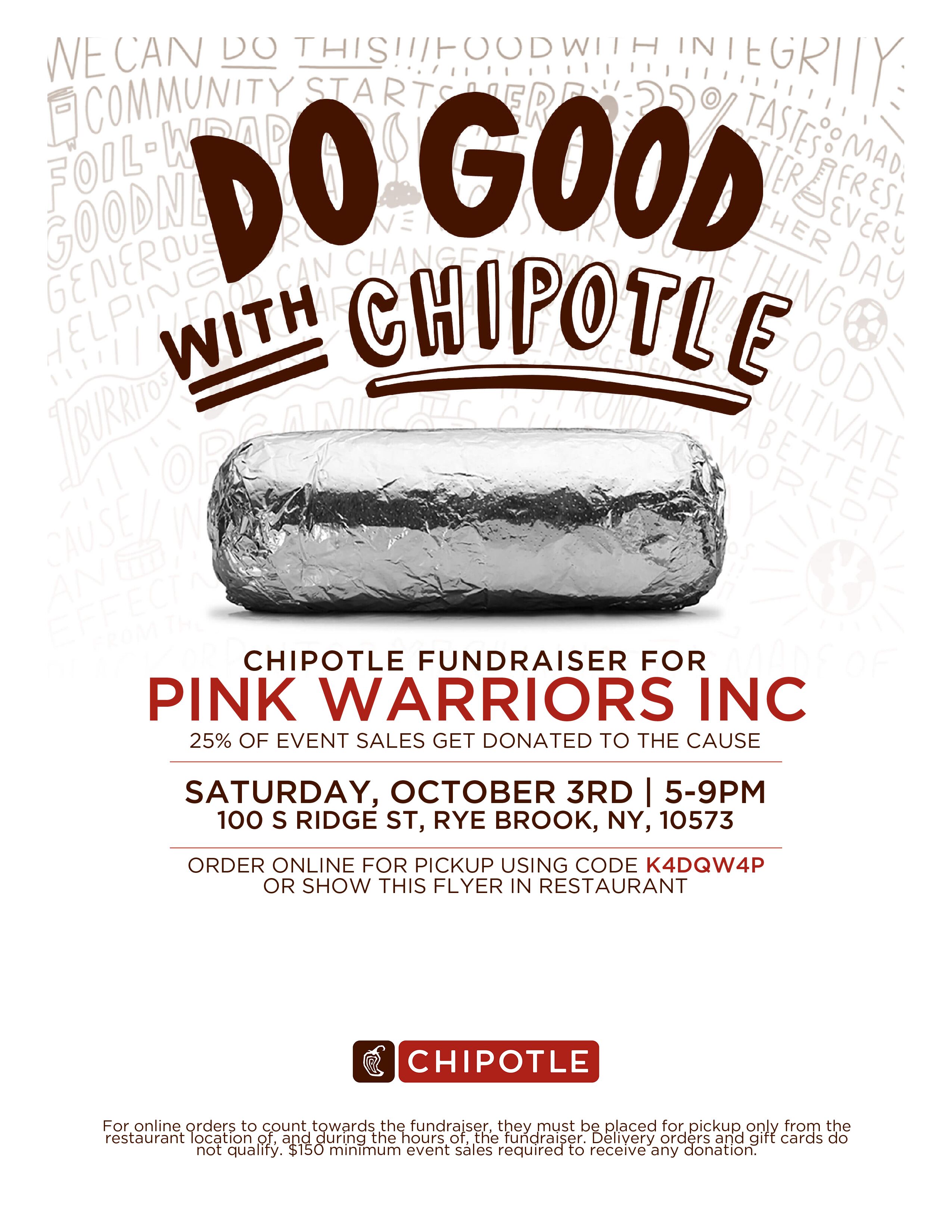 Chipotle fundraiser flyer: October 3, 5–9 PM, 100 S Ridge St, Rye Brook; pickup code K4DQW4P.